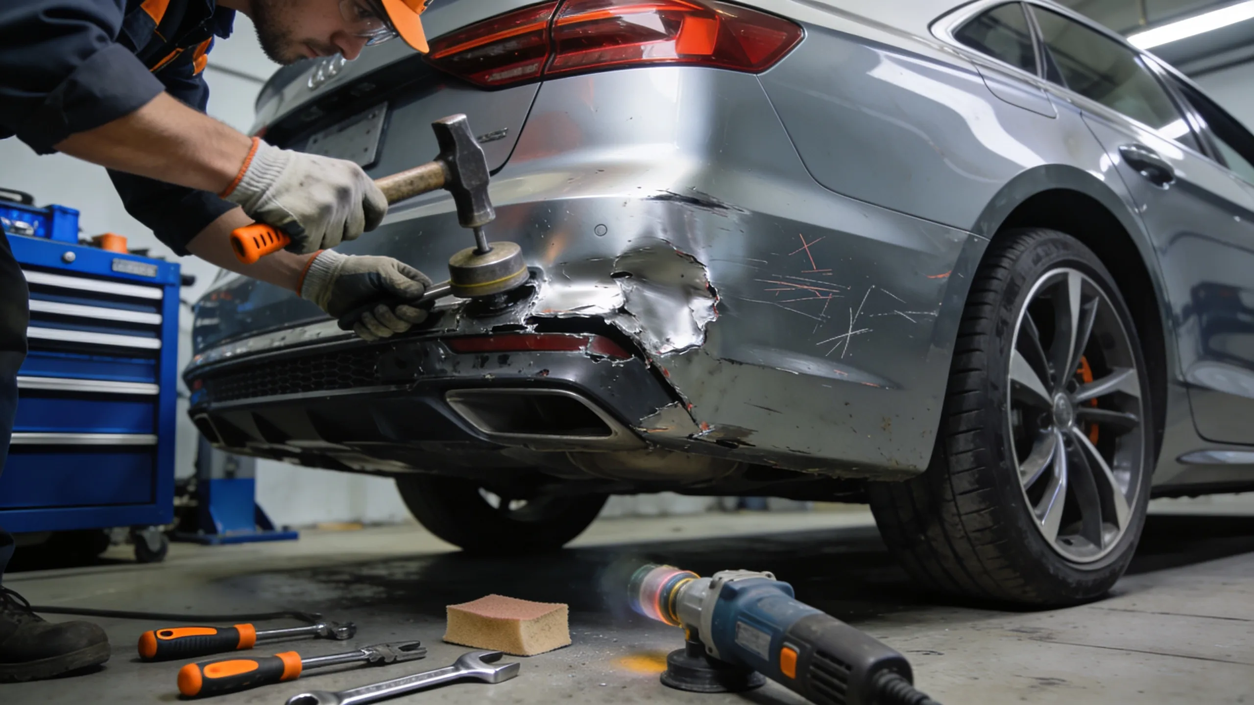 Auto body technician repairing a dented car bumper in a professional body shop