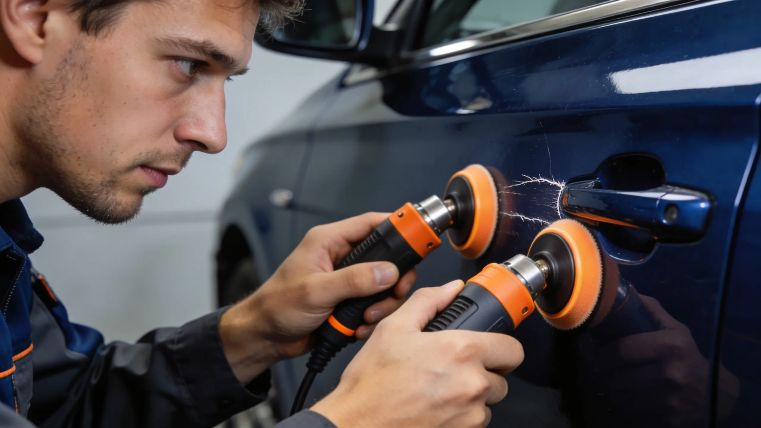 Auto body technician repairing a car scratch using professional paint repair equipment