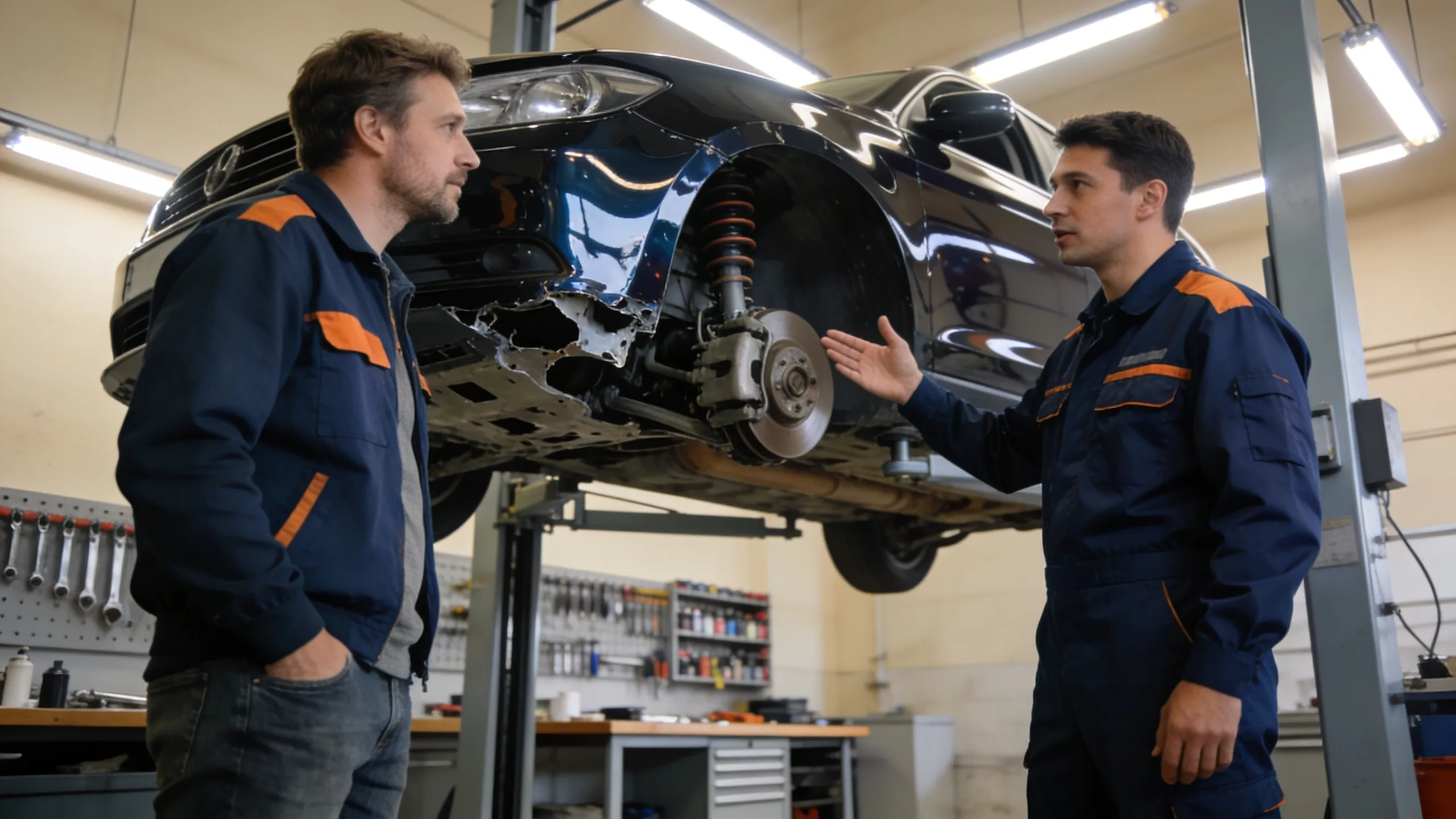 Car owner consulting with collision repair technician at a professional body shop