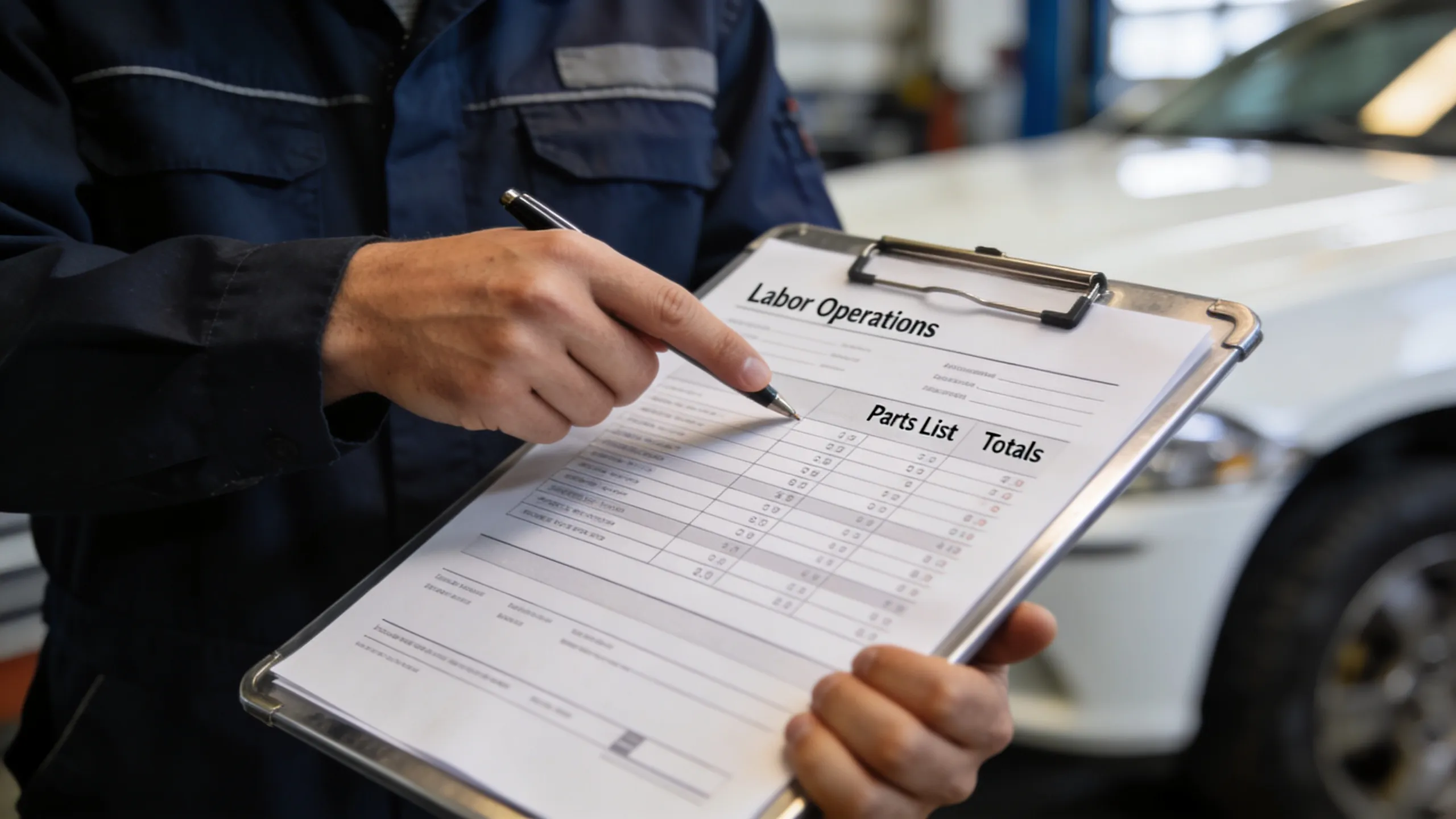 Technician pointing at line items on a printed collision repair estimate on a clipboard in an auto body shop
