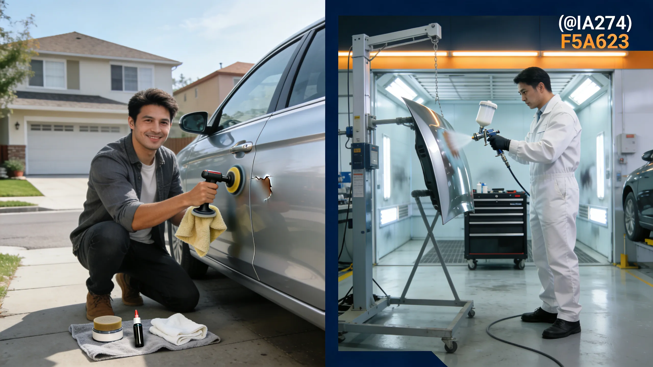 Split image showing DIY auto body repair at home on the left and a professional technician in a body shop on the right