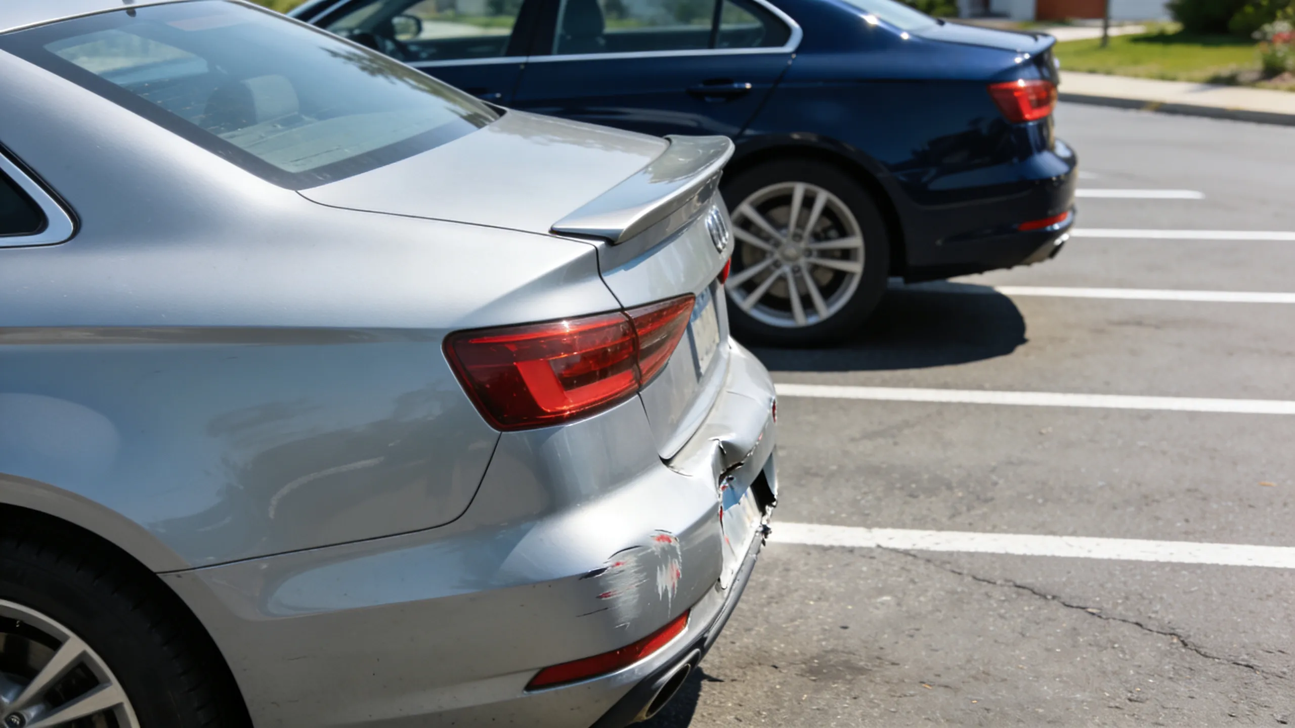 Minor rear-end collision in a parking lot showing two cars with bumper damage in daylight
