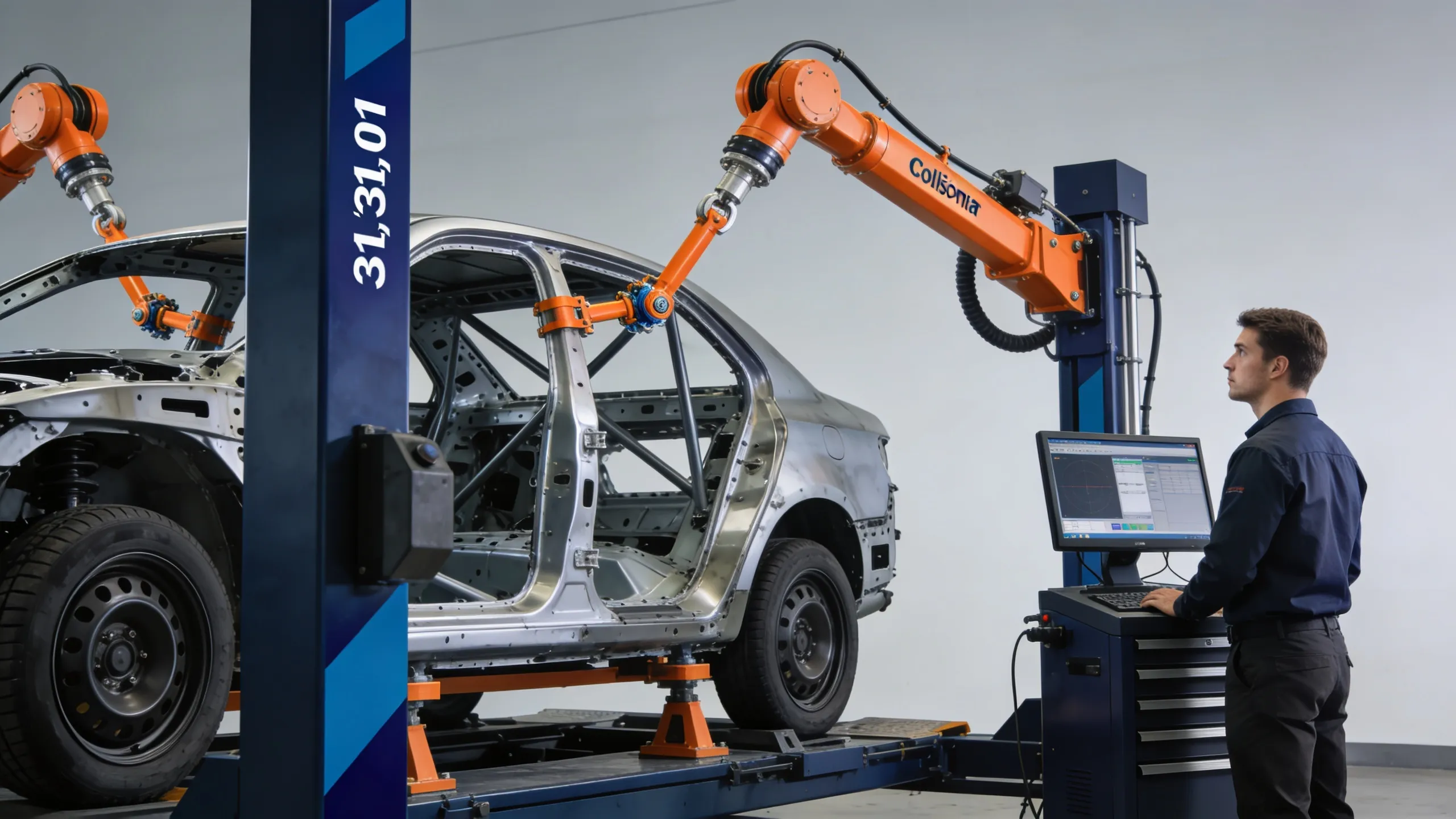 Vehicle on frame straightening machine during collision repair with computerized measuring