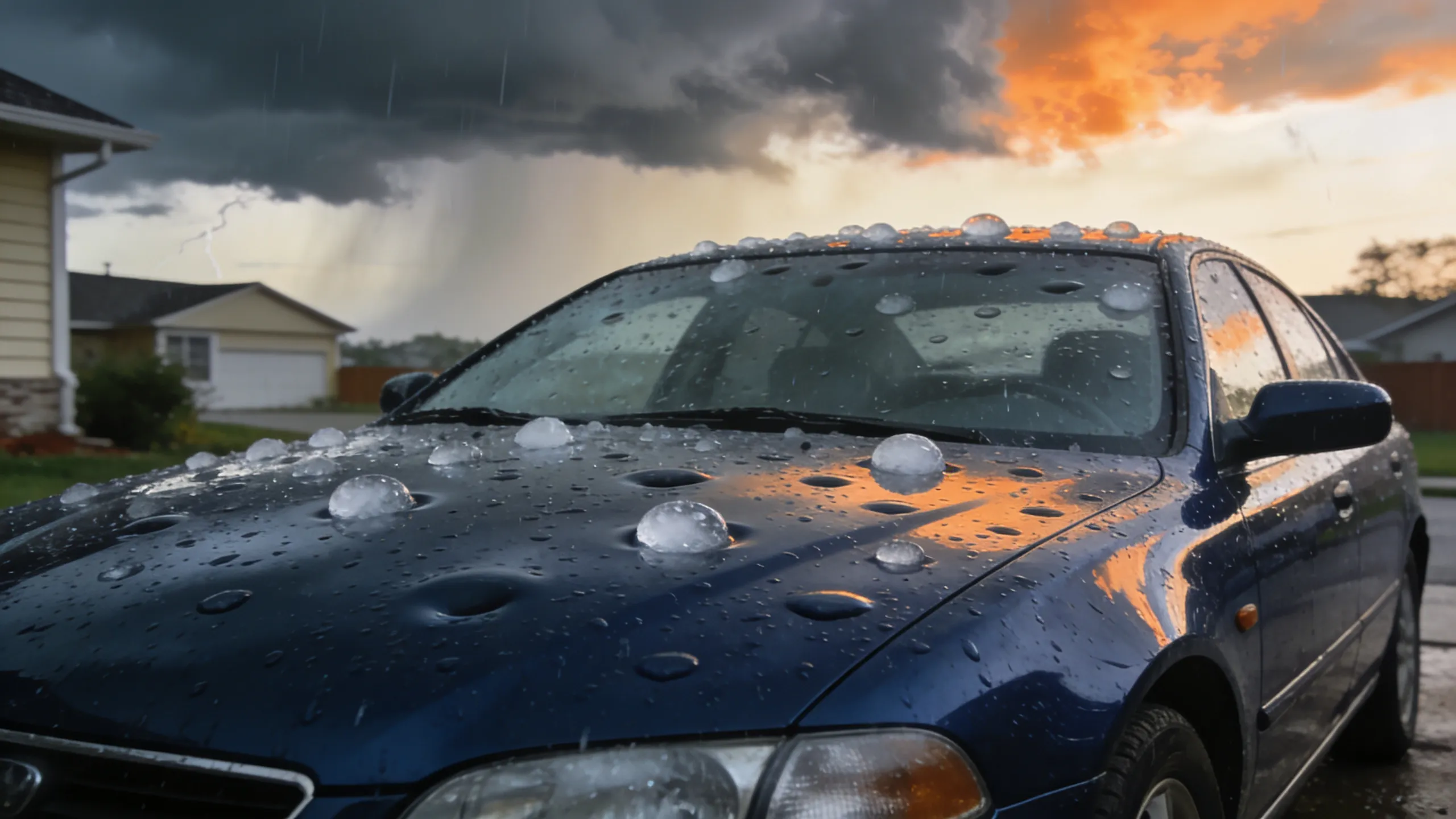 Car hood and roof covered in hail dents after a storm, outdoor parking lot setting