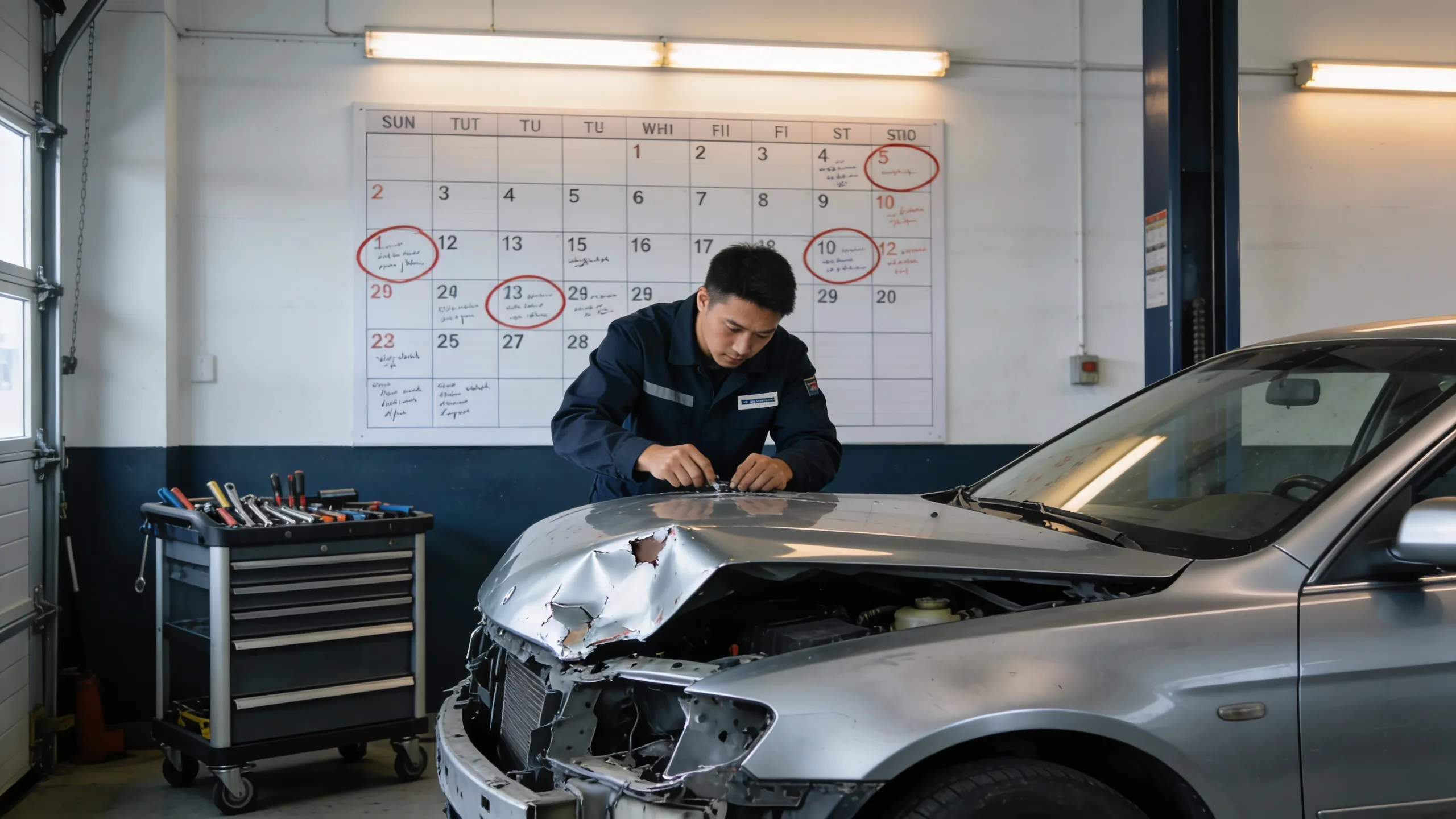 Automotive technician working on a damaged car inside a professional auto body shop with a calendar visible on the wall in the background