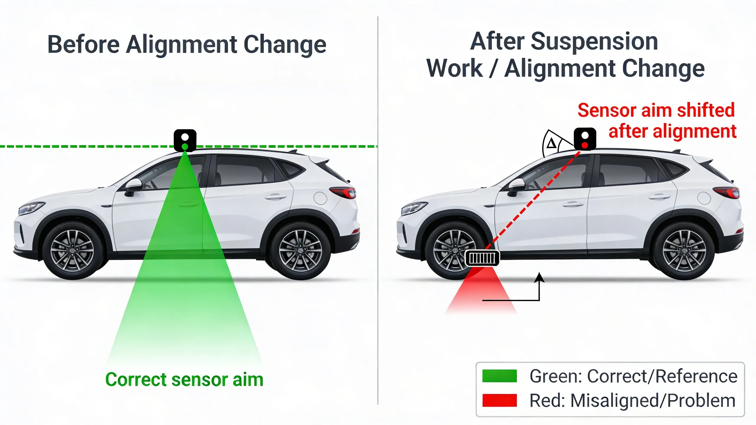 Diagram showing how wheel alignment changes affect ADAS sensor angles and ride height