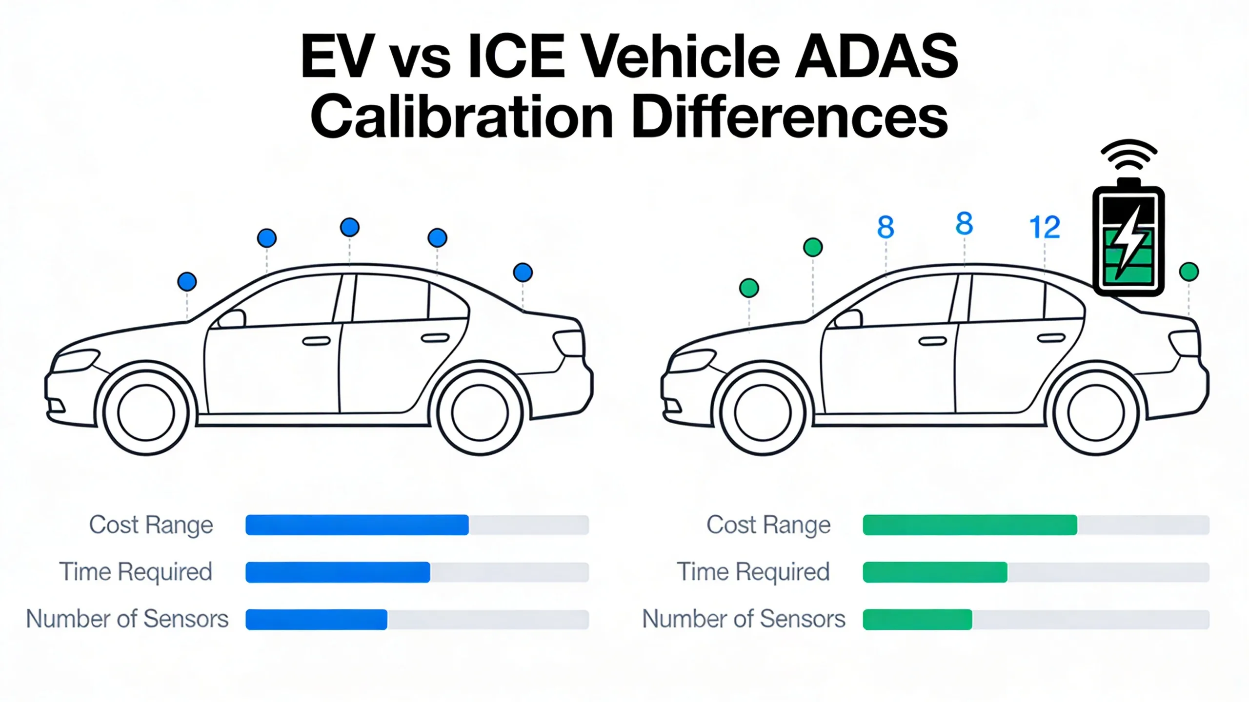 Comparison infographic showing EV versus traditional vehicle ADAS sensor count and calibration cost differences