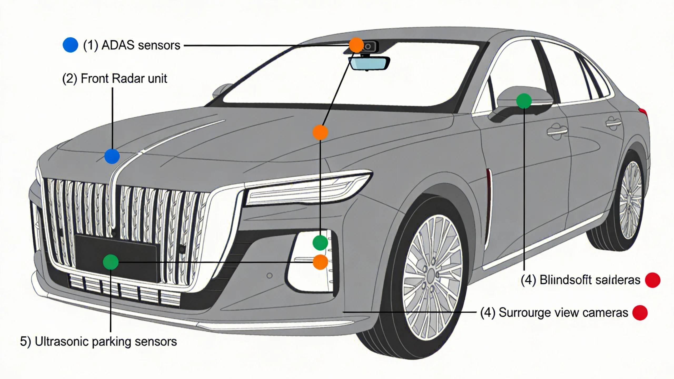 Diagram showing ADAS sensor locations on a modern sedan including forward camera, front radar, blind spot monitoring radar, surround view cameras, and parking sensors