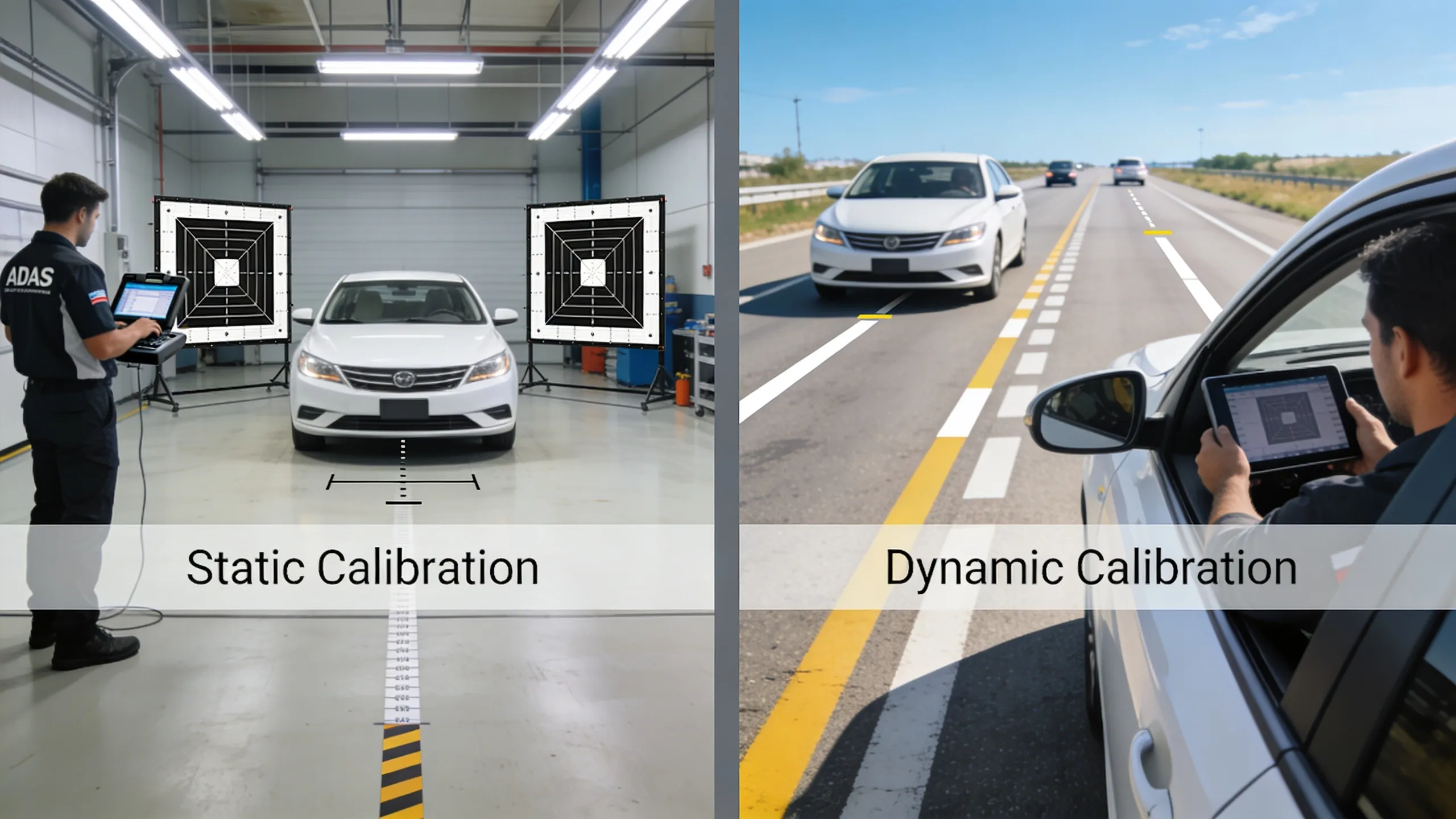 Split image comparing static ADAS calibration with target boards in an indoor shop bay on the left versus dynamic ADAS calibration drive cycle on an open road on the right