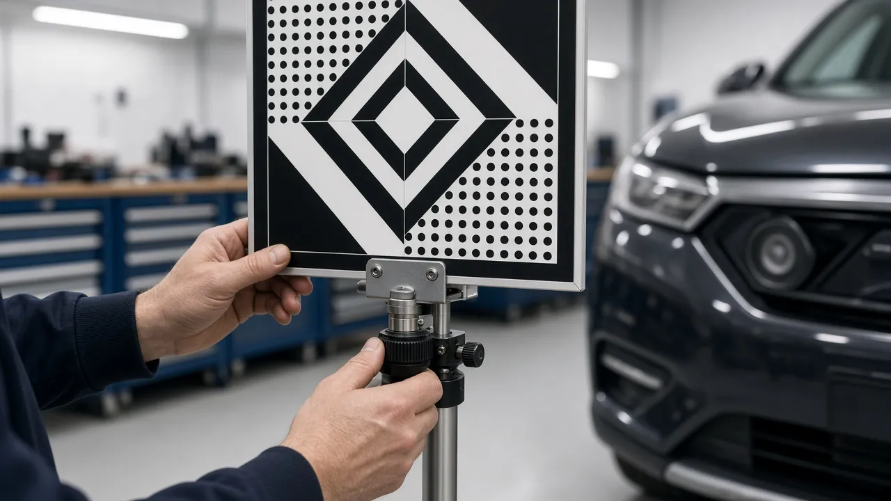 Technician adjusting an ADAS radar calibration target mounted on a stand in front of a vehicle