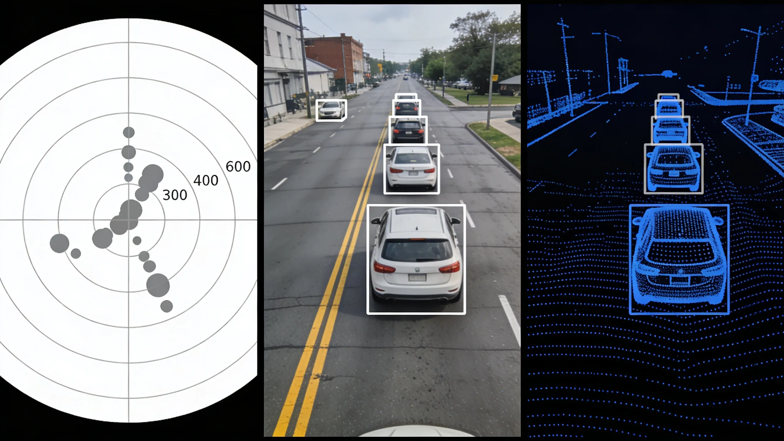 Comparison of how radar, camera, and LiDAR sensors perceive the road differently