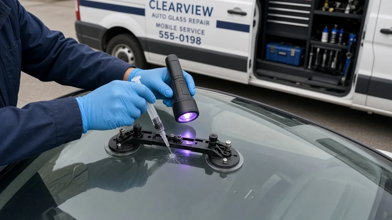 Auto glass technician repairing a windshield chip with a resin bridge tool and UV lamp