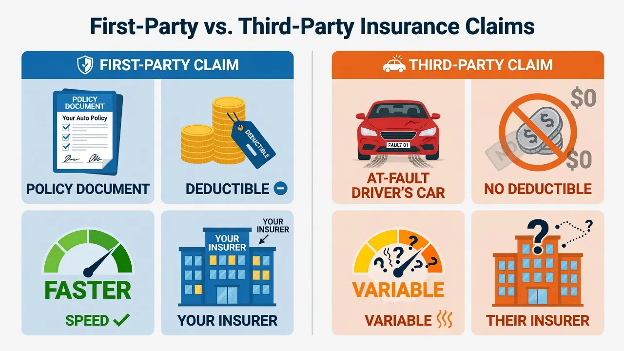 A split-panel comparison graphic showing First-Party vs. Third-Party insurance claims side by side. Left panel (labeled 'First-Party Claim' with a blu...