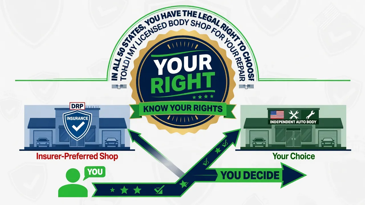 A bold, consumer-advocacy-style graphic with a large 'YOUR RIGHT' badge/seal in the center. Text surrounding it: 'In all 50 states, you have the legal...