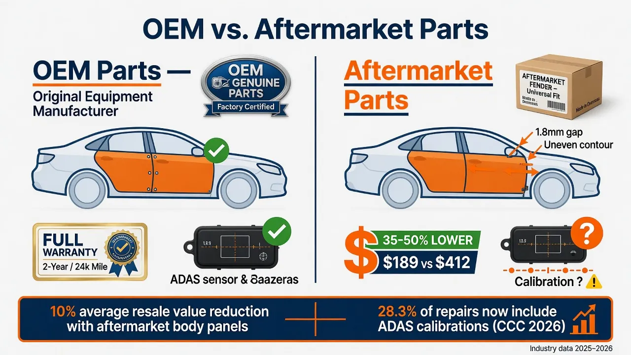 A side-by-side comparison diagram of OEM vs. Aftermarket parts. Left side (labeled 'OEM Parts — Original Equipment Manufacturer'): shows a genuine man...