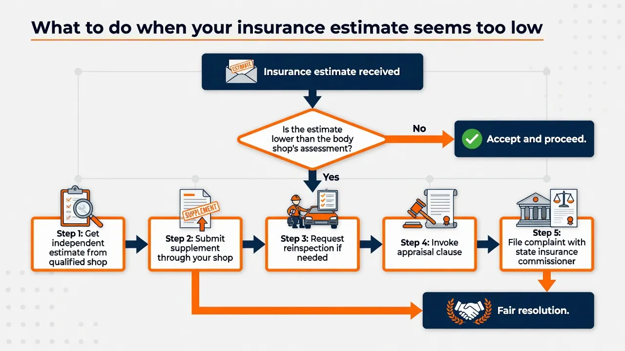 A decision-tree flowchart for 'What to do when your insurance estimate seems too low.' Start node: 'Insurance estimate received.' First branch: 'Is th...