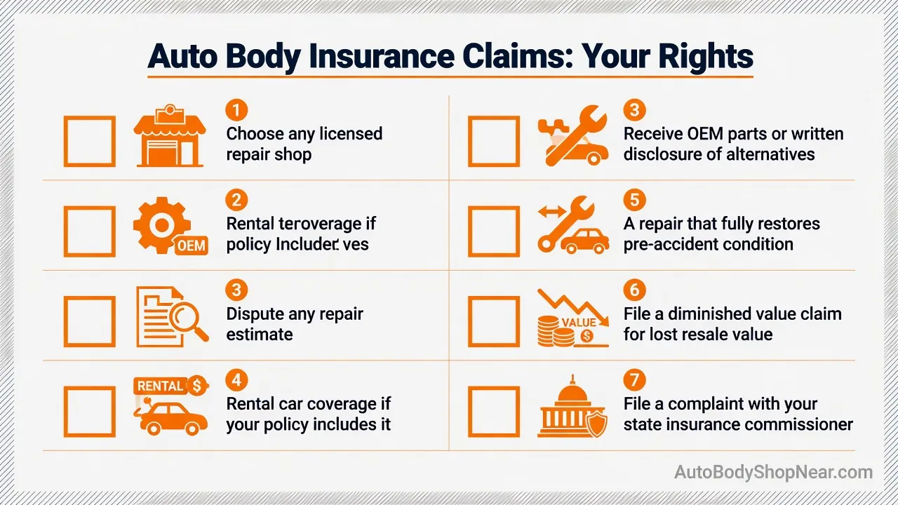 A clean, printable-style consumer rights checklist graphic. Title: 'Auto Body Insurance Claims: Your Rights.' Seven numbered items with checkboxes, ea...