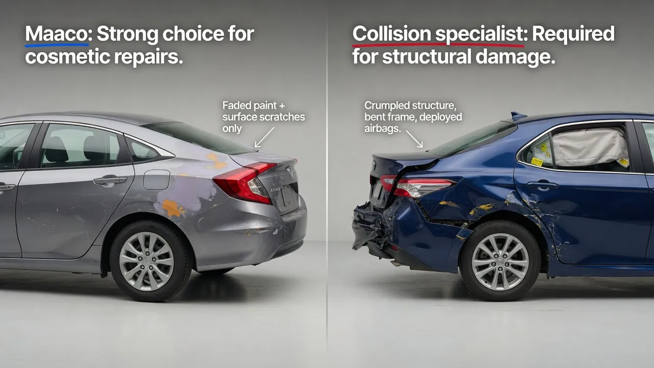 Side-by-side split comparison graphic showing two vehicles: on the left, a car with only cosmetic paint damage (faded paint, minor surface scratches, ...
