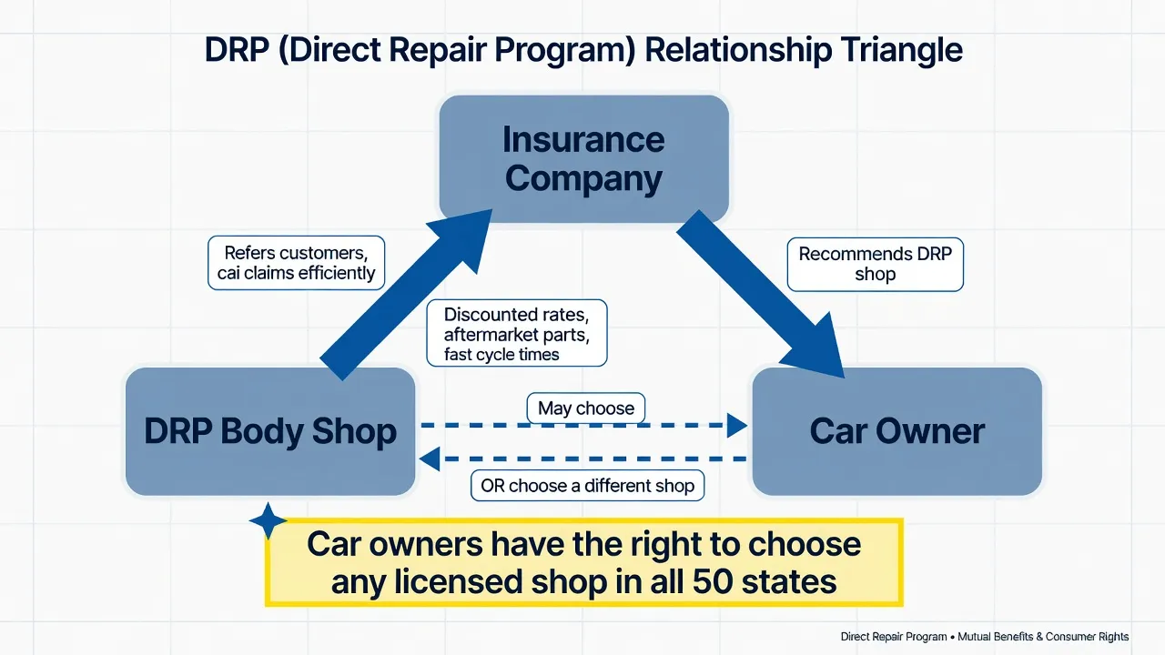 Clean explanatory diagram showing the DRP (Direct Repair Program) relationship triangle. Three boxes connected by arrows: 'Insurance Company' (top cen...