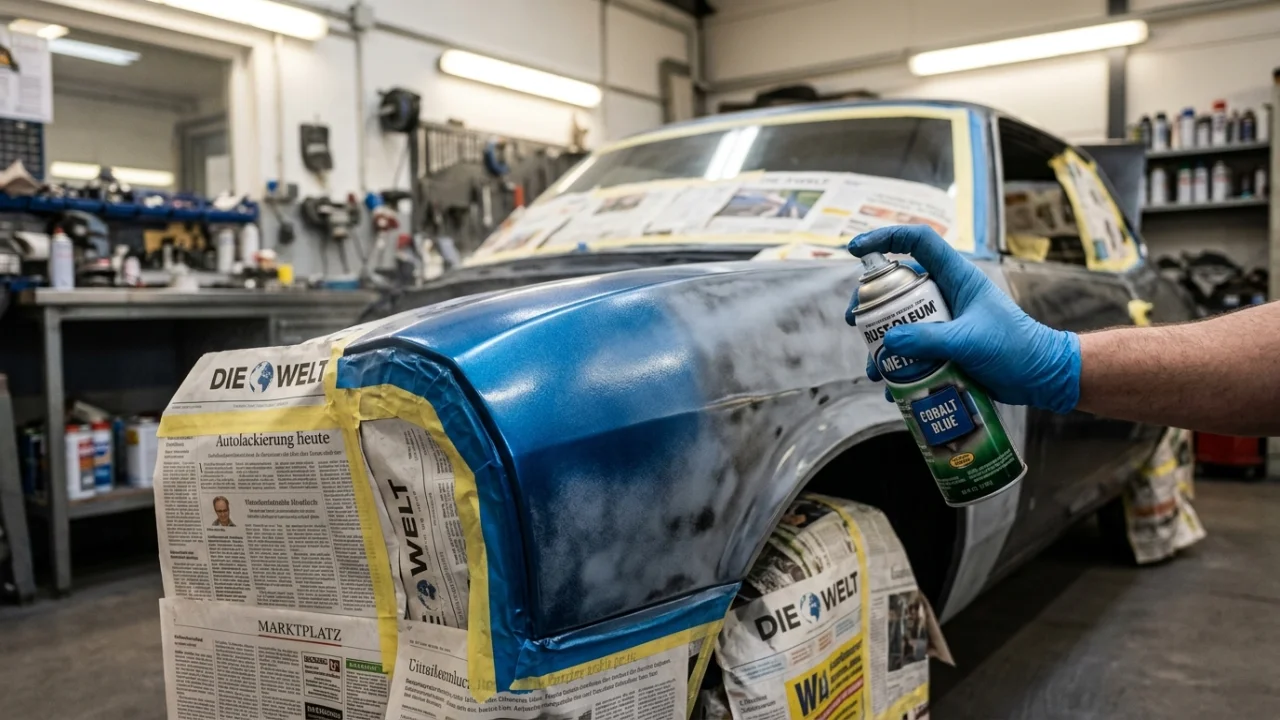 Gloved hand spraying metallic blue automotive paint from a rattle can onto a prepped car fender