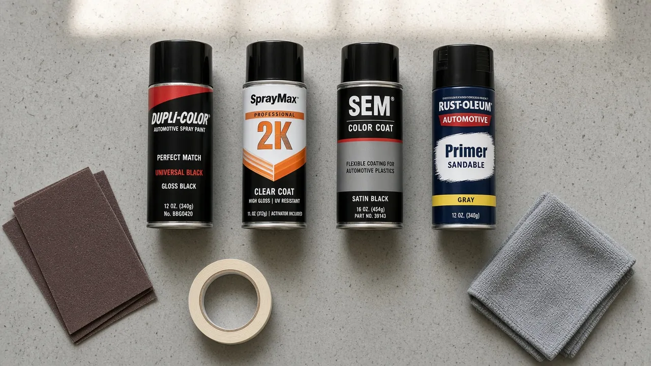 Four automotive spray paint cans with sandpaper, masking tape, and prep materials on a garage floor