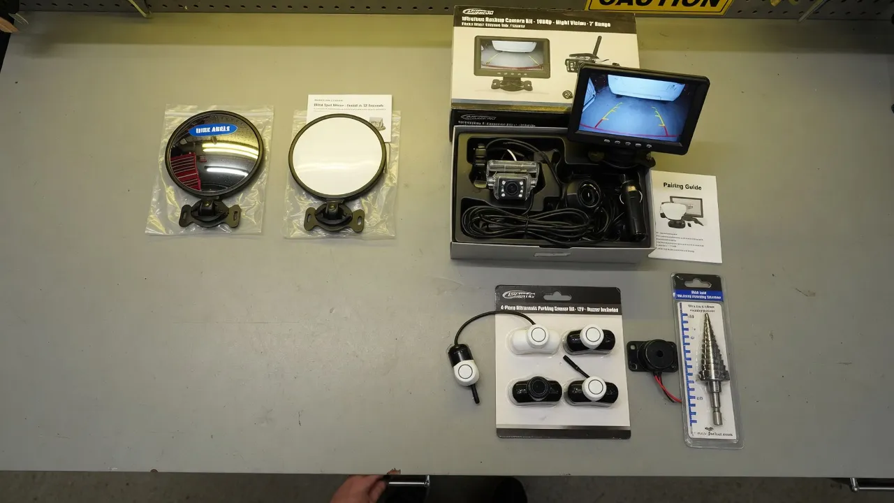 Aftermarket blind spot mirrors, backup camera, and parking sensors on a garage workbench