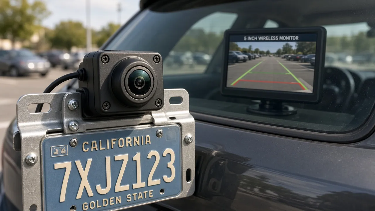 Wireless backup camera on license plate with dashboard monitor visible through rear window