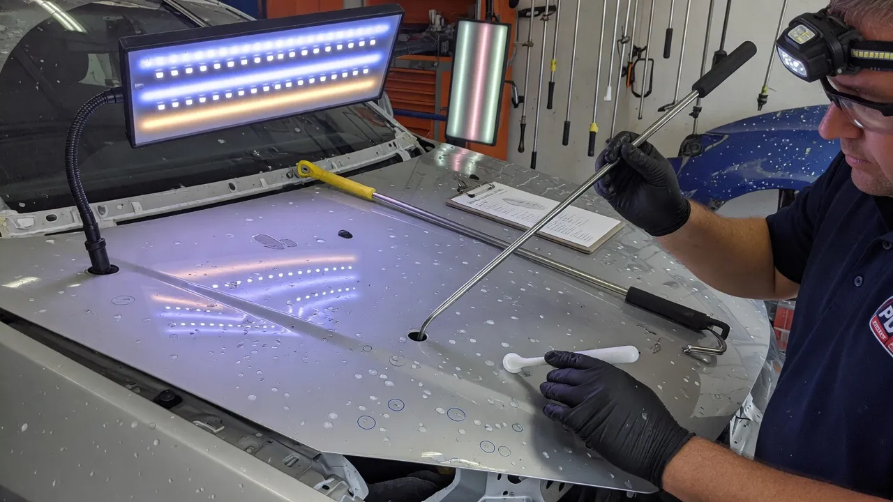 Close-up of a PDR technician working under specialized LED lighting on a hail-damaged car hood, using long metal rods to push dents from below the sur...
