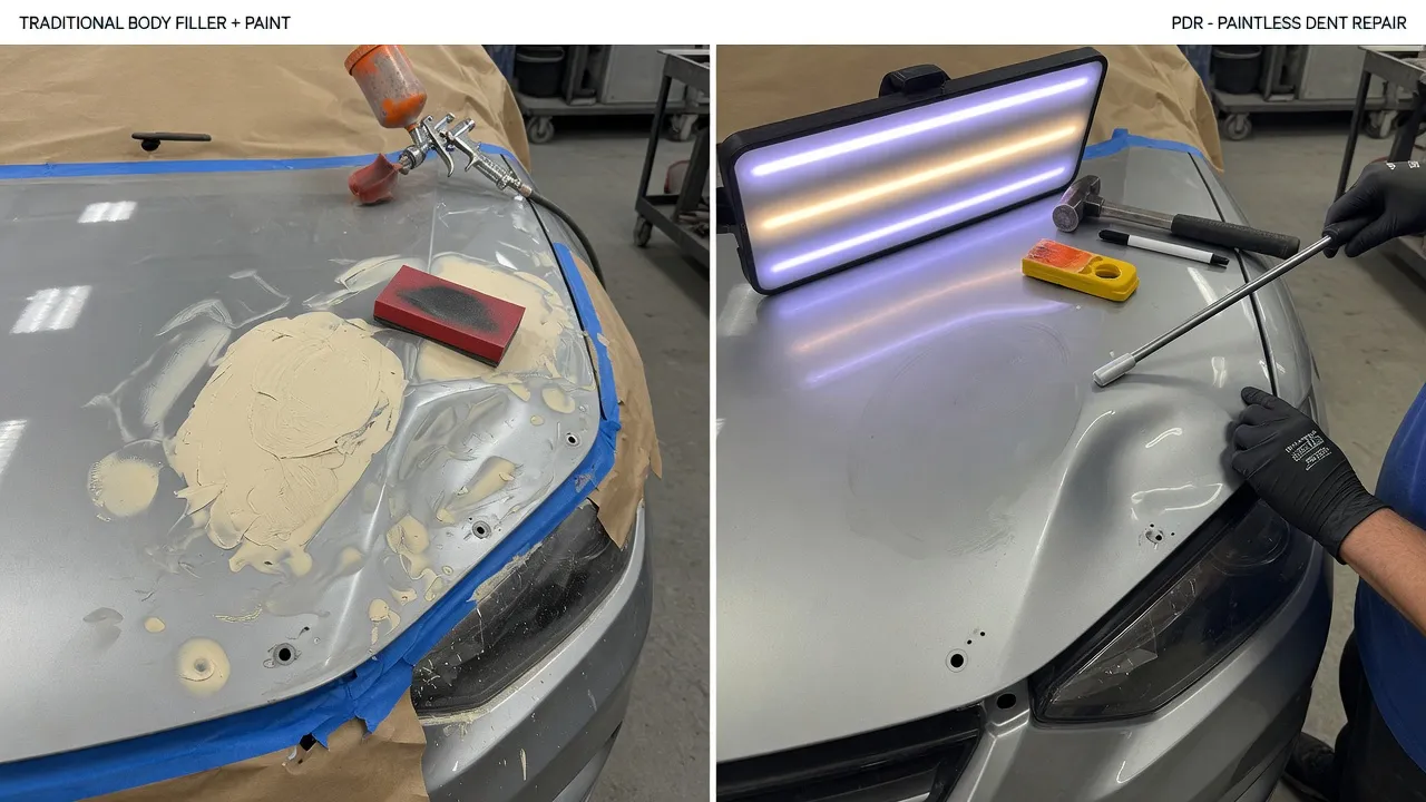 Split view comparison: left side shows a car hood with traditional body filler and painting in progress; right side shows a PDR technician working the...