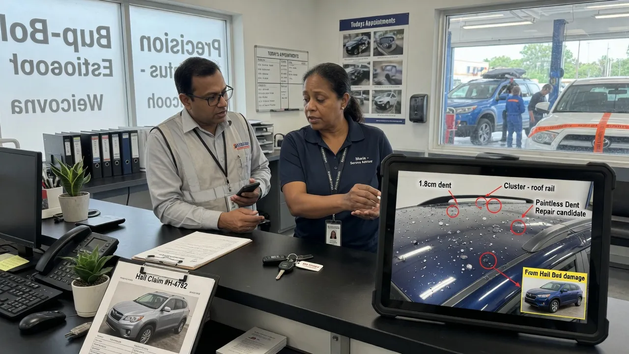 Car owner speaking with an auto body shop service advisor at a reception desk, reviewing hail damage assessment on a tablet. Professional setting, nat...