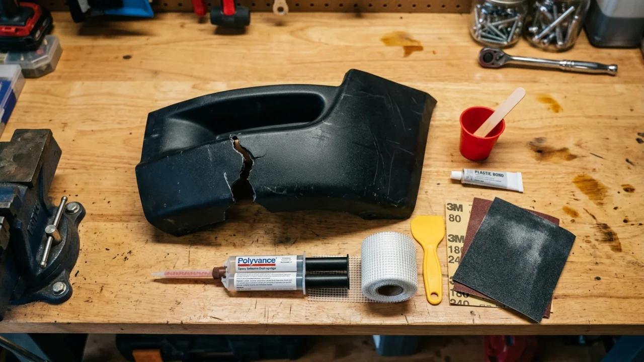 Bumper repair kit components laid out on a garage workbench including epoxy, mesh, and sandpaper