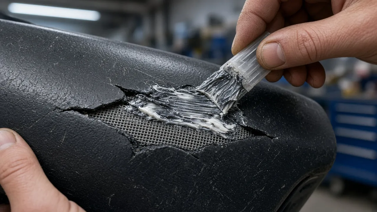 Close-up of hands applying two-part epoxy to a cracked plastic car bumper with reinforcing mesh