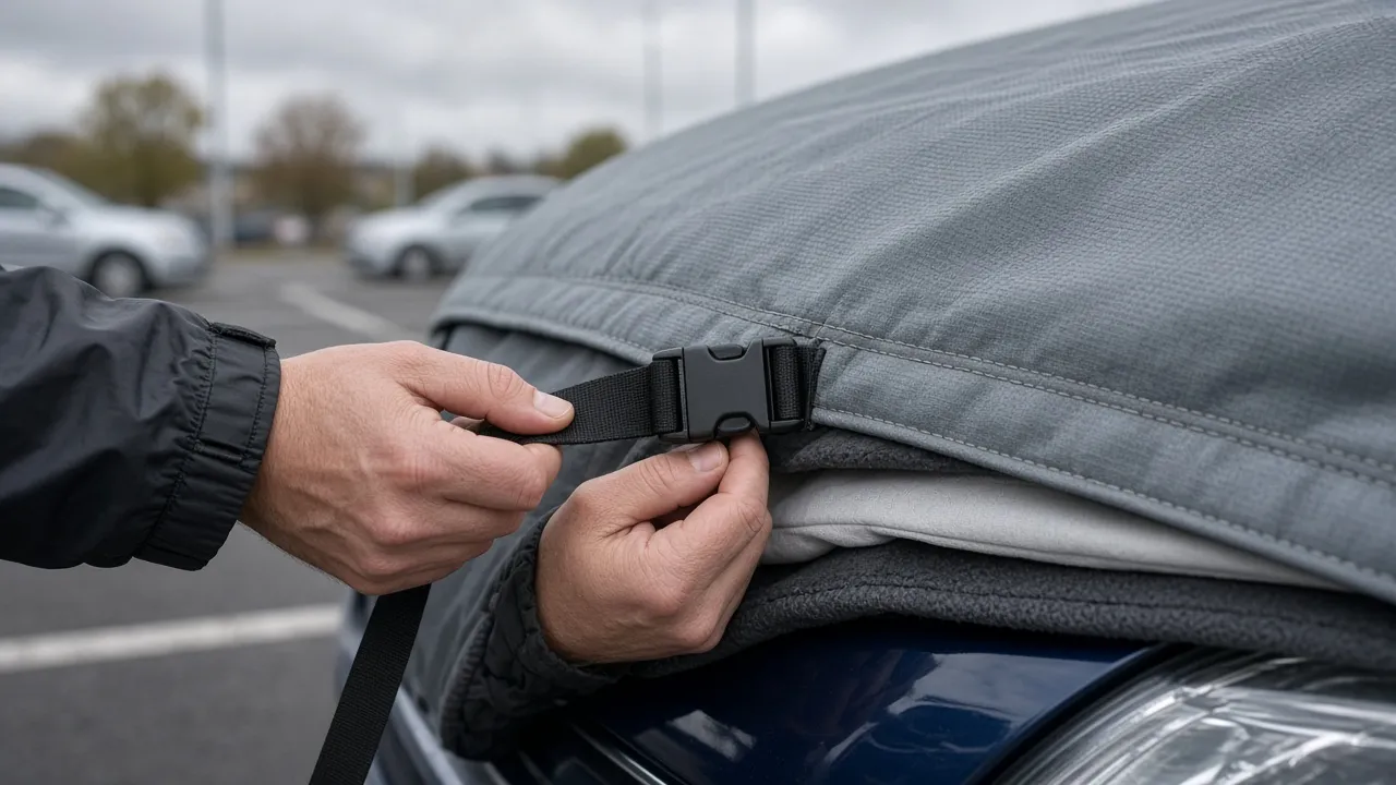 Hands securing windproof straps on a multi-layer padded car cover over a sedan hood