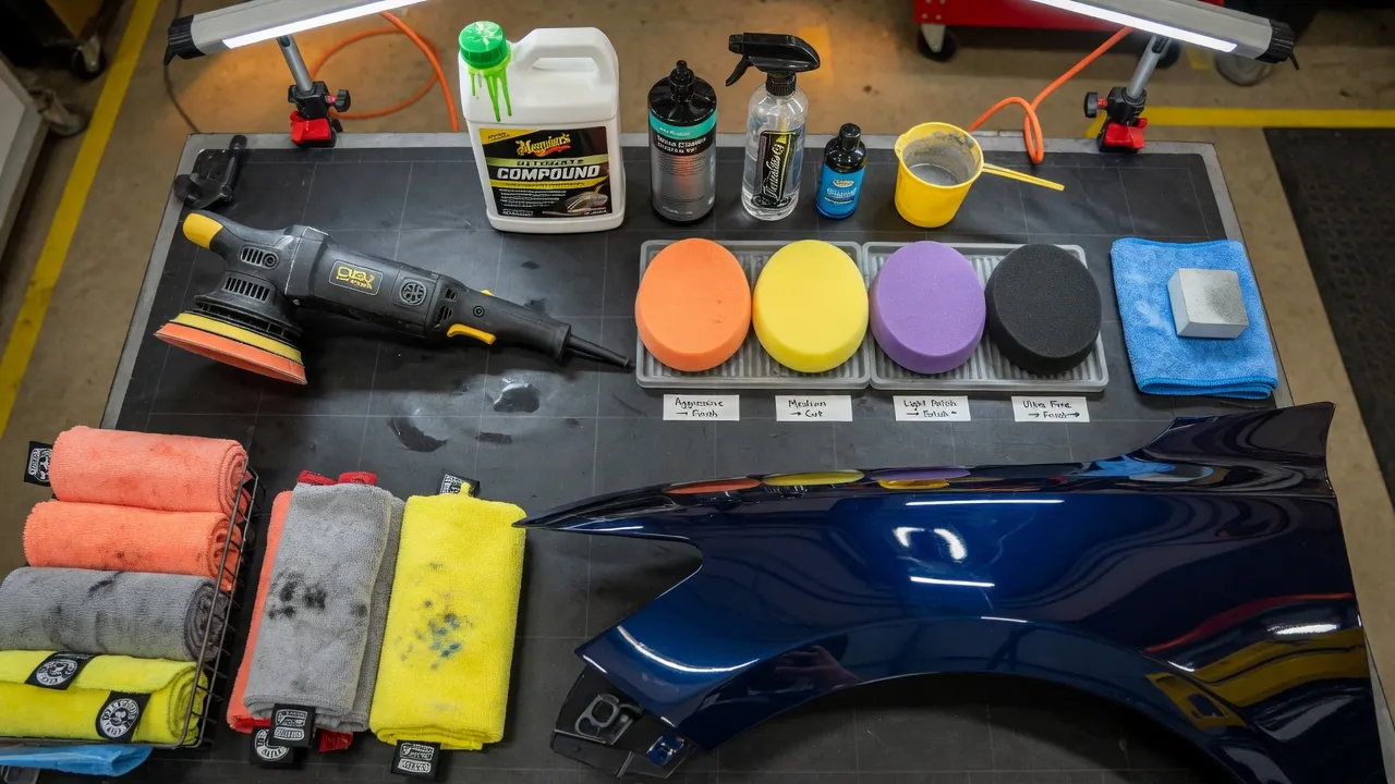 Car polishing workstation with dual-action polisher, foam pads, compounds, and a freshly polished blue fender