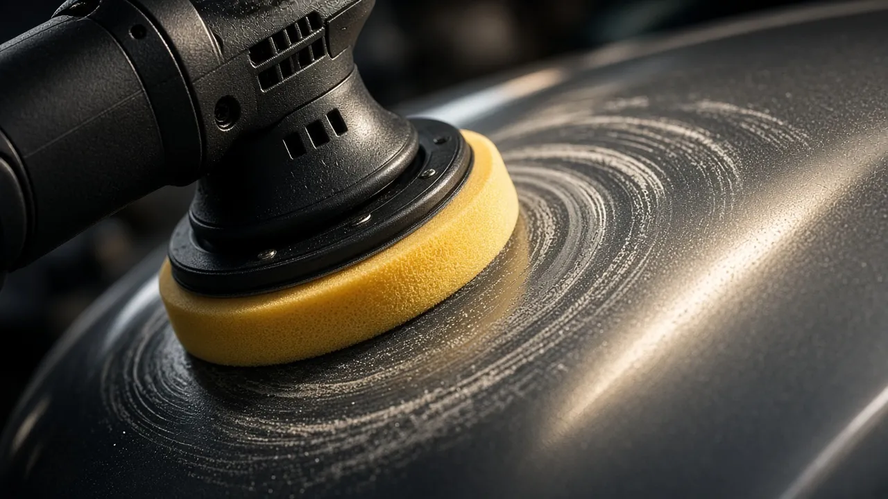 Dual-action polisher with yellow foam pad correcting paint on a dark metallic car panel