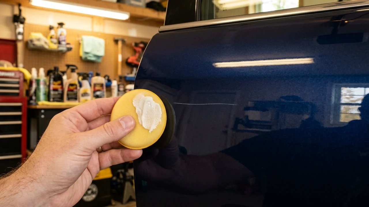 Hand holding a foam applicator pad with rubbing compound next to a scratch on a dark blue car panel