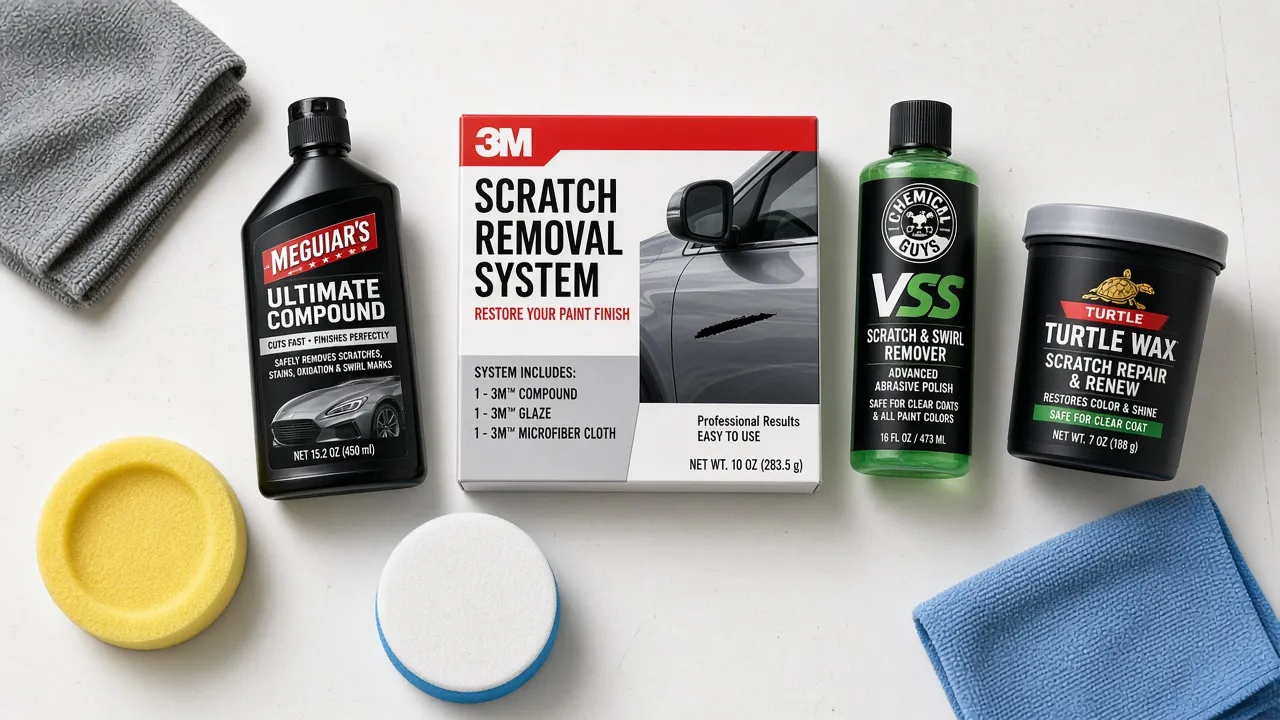 Flat lay of car scratch removal products on a garage workbench with microfiber cloths and applicator pads