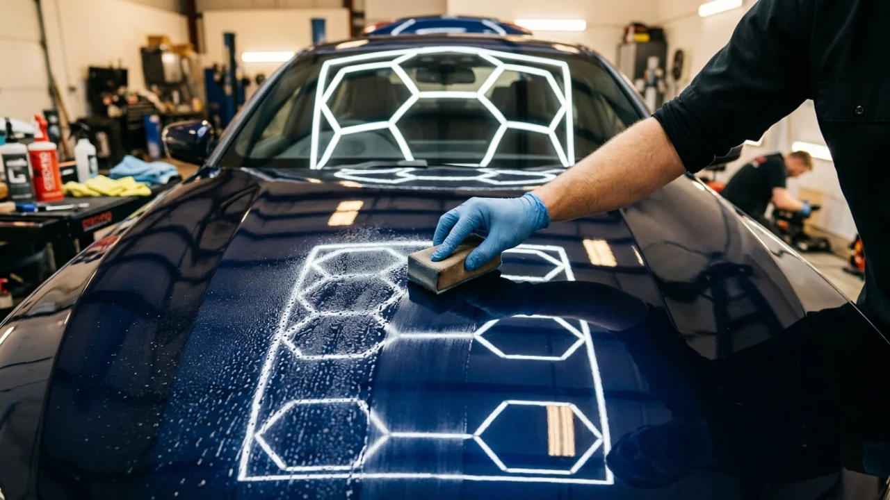 Detailer applying ceramic coating to a freshly polished dark blue car hood