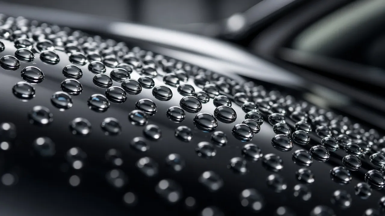 Water beading on a ceramic-coated black car panel showing hydrophobic effect