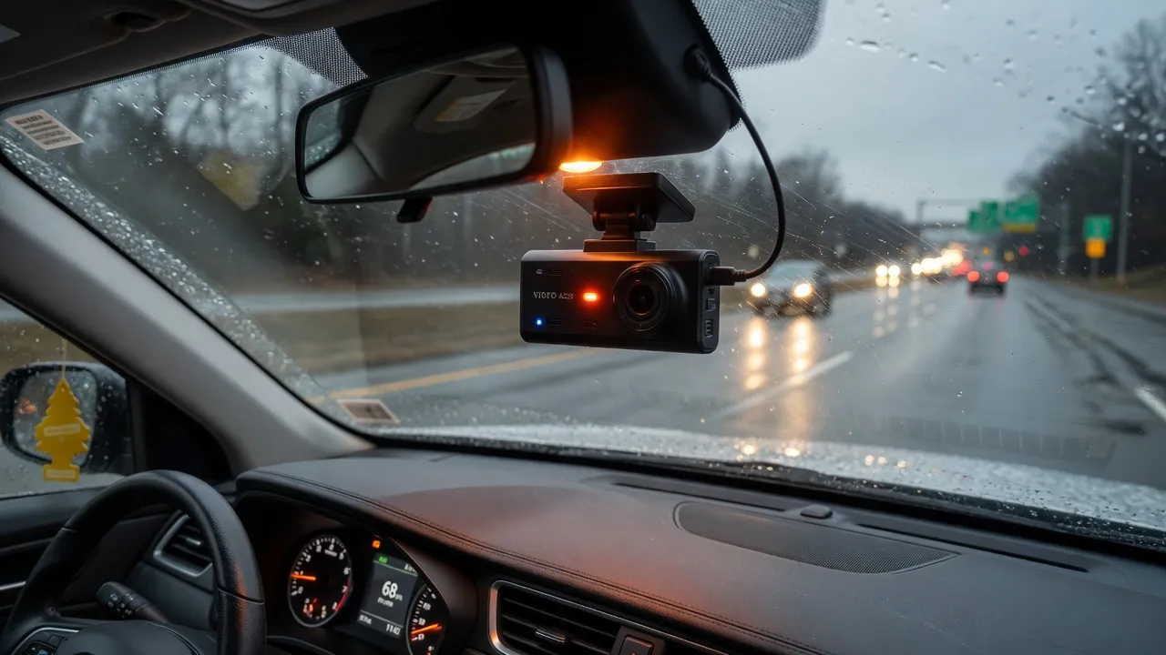 Modern dash cam mounted on car windshield recording the road ahead in rainy conditions