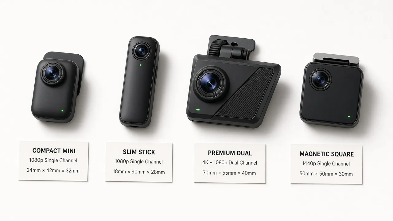 Four dash cam models laid out on a white surface showing different sizes and designs