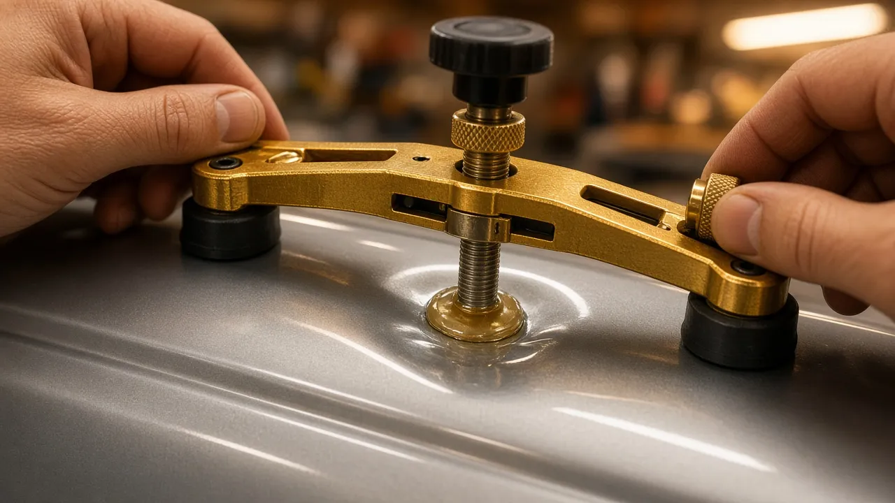 Close-up of hands using a golden bridge dent puller on a silver car door panel