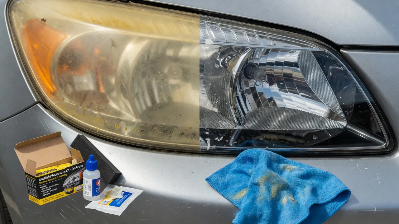 Car headlight half-restored showing the contrast between foggy oxidized and clear polished lens