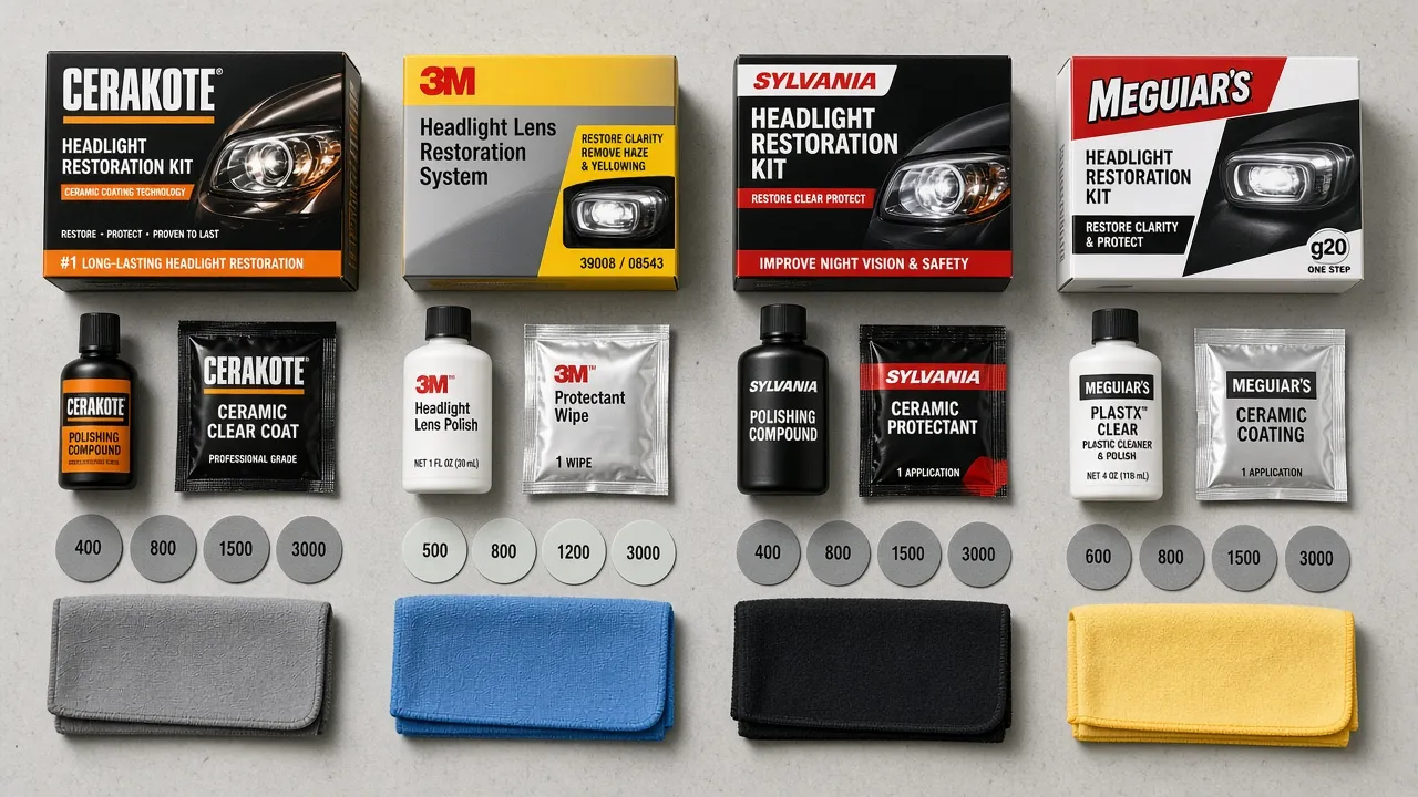 Four headlight restoration kits with their contents displayed on a workshop bench