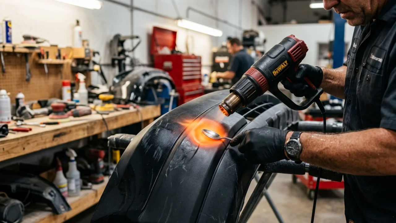 Heat gun being used to reshape a plastic car bumper in an auto body shop