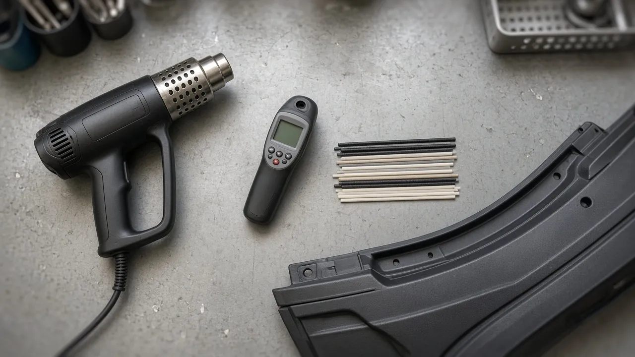 Auto body heat gun tools and supplies laid out on a workshop table including thermometer and plastic welding rods