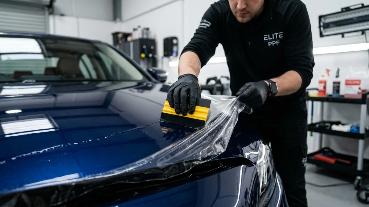 Detailer applying clear paint protection film to a car hood with a squeegee in a clean garage