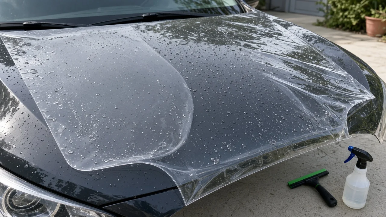 DIY paint protection film installation in progress on a car hood with spray bottle and squeegee