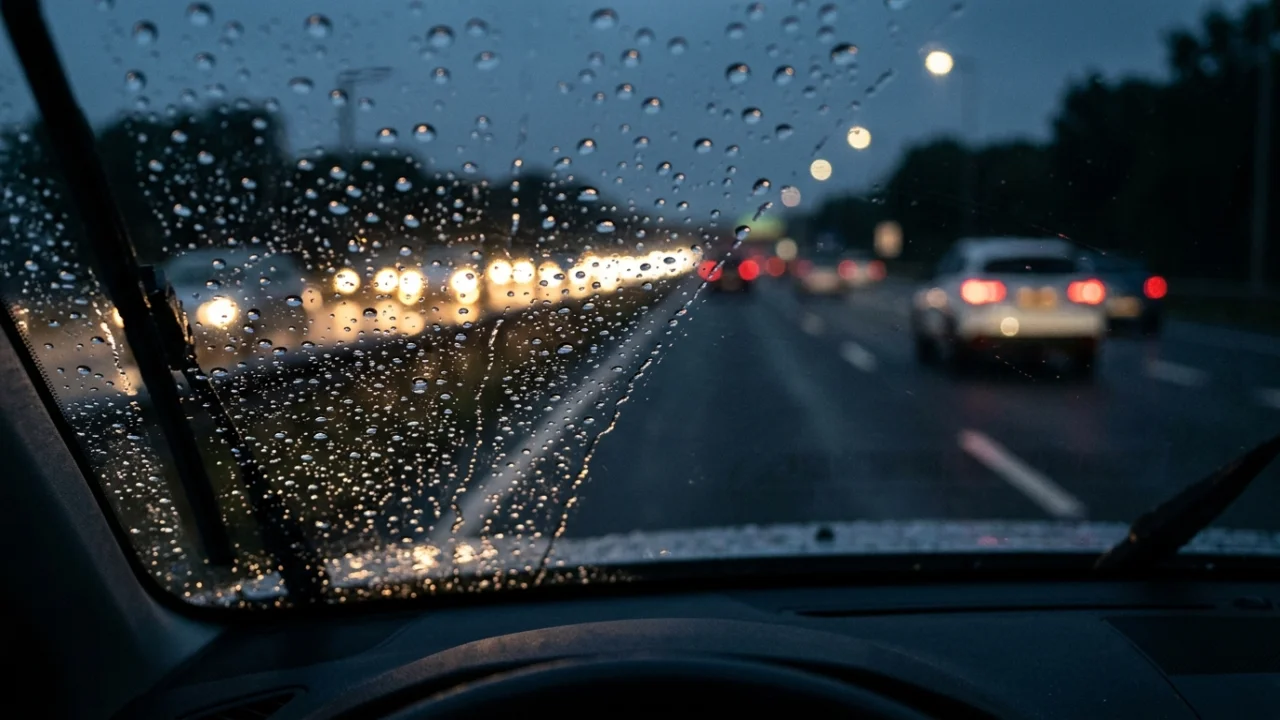 Rain beading and rolling off a hydrophobic-treated car windshield during highway driving