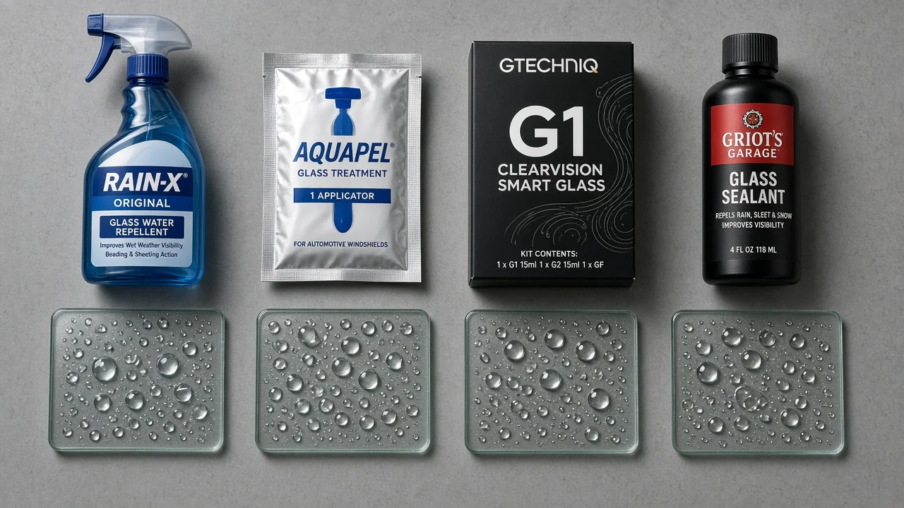 Four windshield rain repellent products compared side by side with water beading samples